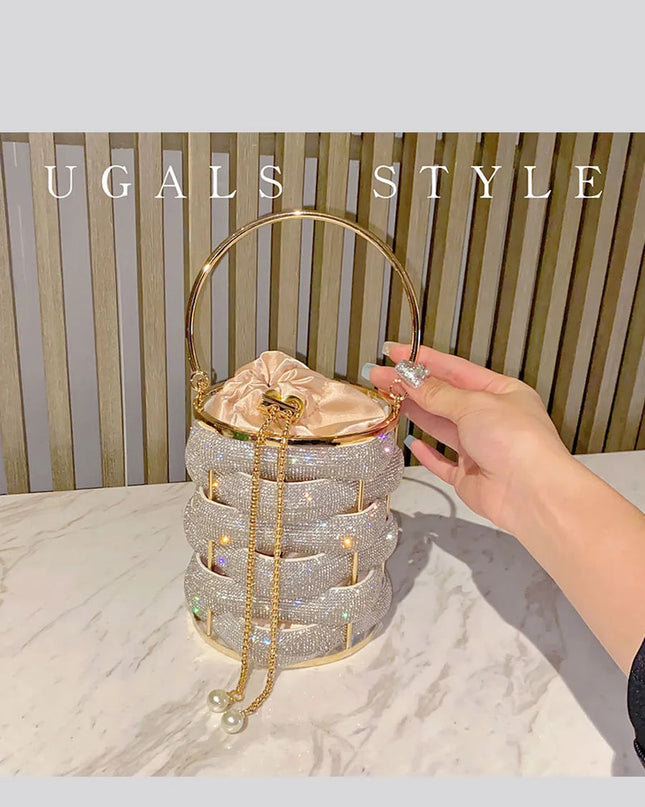 Woven Rhinestone Bucket Bag Woven Clutch Bags Women Boutique Multicolor Crystal Hollow Out Metal Purses And Handbags Wedding
