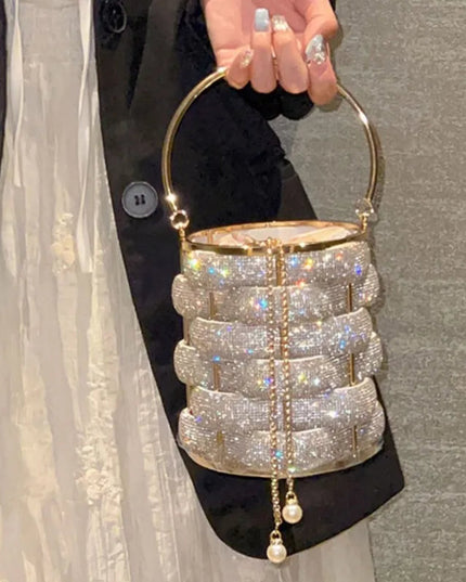 Woven Rhinestone Bucket Bag Woven Clutch Bags Women Boutique Multicolor Crystal Hollow Out Metal Purses And Handbags Wedding