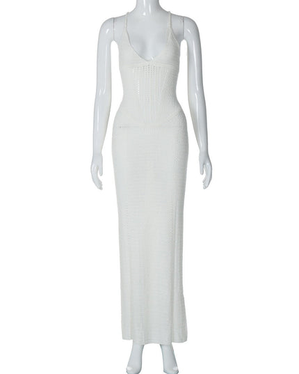 Fashionable and sexy backless strapless hollow knitted dress