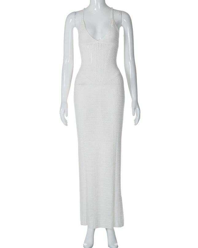 Fashionable and sexy backless strapless hollow knitted dress