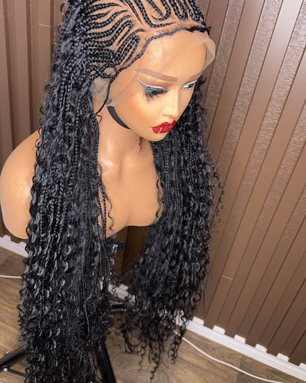 French braided boho braided wig 30" black lace front wig with curly ends - Pretty Melanin Boutique