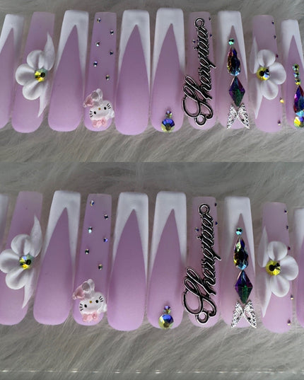 Purple and white long acrylic nails