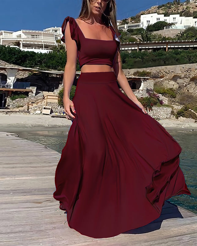 Solid color long skirt two-piece set