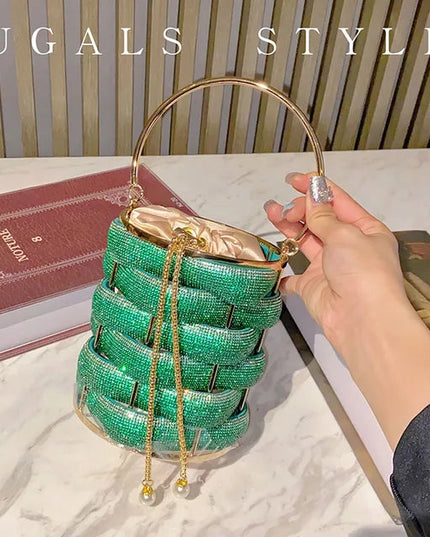 Woven Rhinestone Bucket Bag Woven Clutch Bags Women Boutique Multicolor Crystal Hollow Out Metal Purses And Handbags Wedding