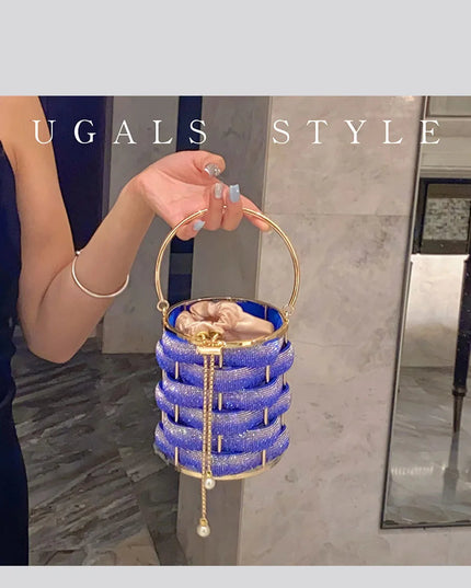 Woven Rhinestone Bucket Bag Woven Clutch Bags Women Boutique Multicolor Crystal Hollow Out Metal Purses And Handbags Wedding