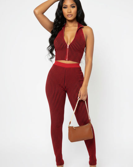Red Ribbed Pants & Crop Top