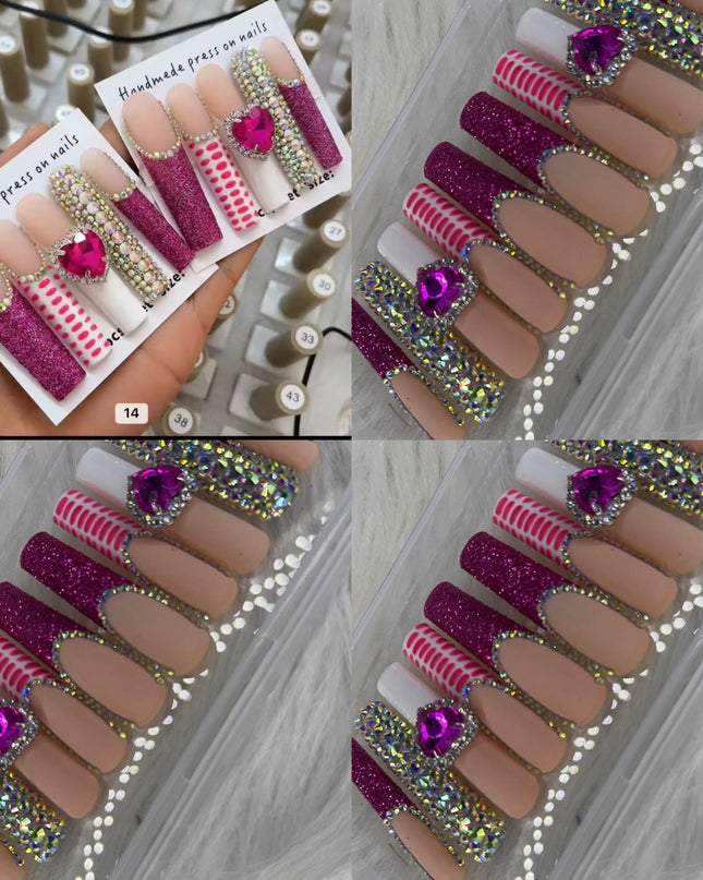 Pink long crystal press on nails