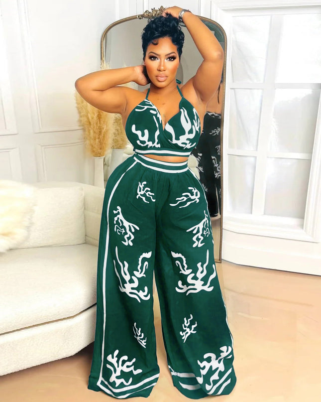 V-neck hanging neck wide leg pants set