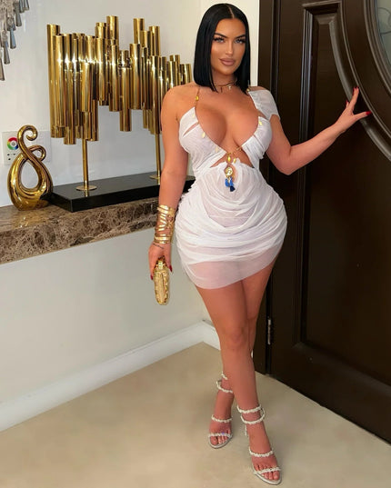 Mesh Halter Mini Chain Jeweled Dress/Lingerie