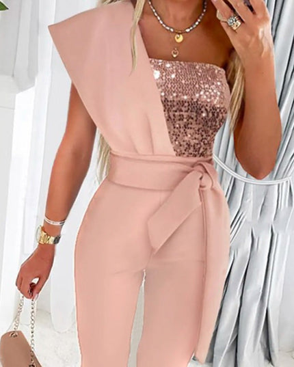 Fashionable SummerPrinted Solid Color Sleeveless Belted Jumpsuit with Beaded Embellishment, Fitted Patchwork Women's Clothing Get DreSsT with Elise LLC