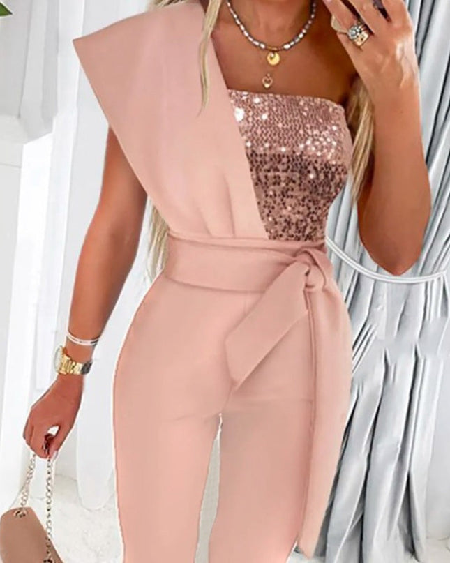 Fashionable SummerPrinted Solid Color Sleeveless Belted Jumpsuit with Beaded Embellishment, Fitted Patchwork Women's Clothing Get DreSsT with Elise LLC