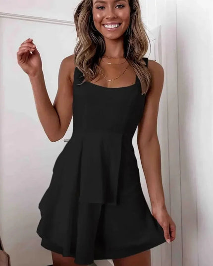 Women Elegant Solid Backless Lace Up Patchwork Mini Dress Sexy Sleeveless Tank Dress Casual White Black Beach Party A Line Dress