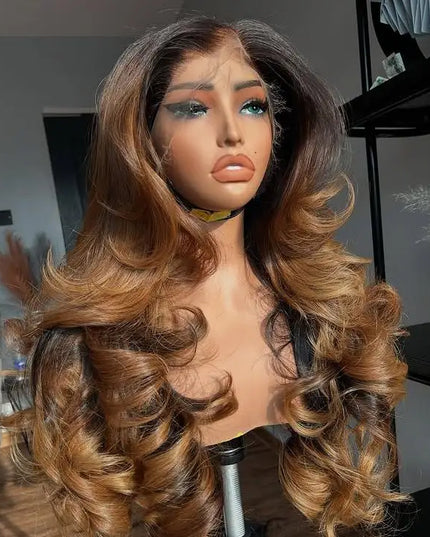 200 Density Highlight Caramel Brown Colored Body Loose Wave Ombre Brazilian Human Hair Wigs 13x4 HD Transparent Lace Front Wigs Caethelstore.com