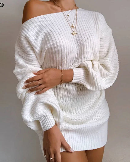 Cryptographic Casual Knitted Mini Dress Women Autumn Winter Sweaters Balloon Long Sleeve Knitwear Women's Dresses Loose Jersey