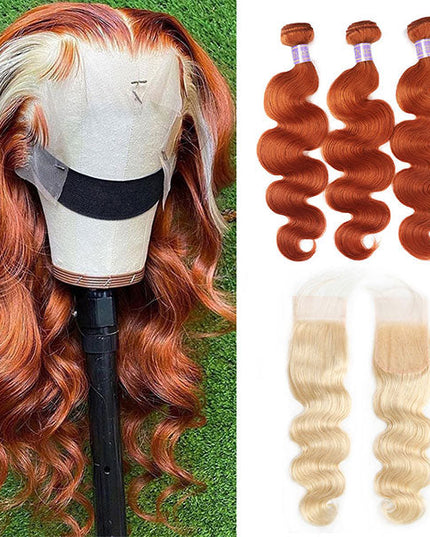 Ginger Blonde Body Wave Hair Bundles with 4x4 Closure Ombre Human Hair Weave junoda