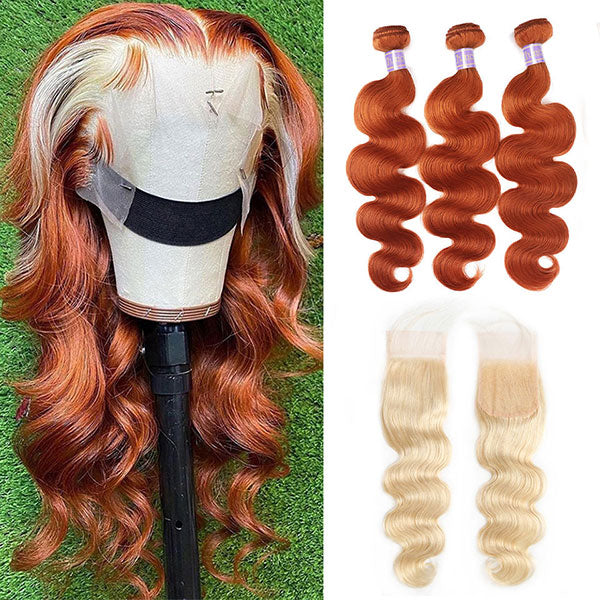 Ginger Blonde Body Wave Hair Bundles with 4x4 Closure Ombre Human Hair Weave junoda