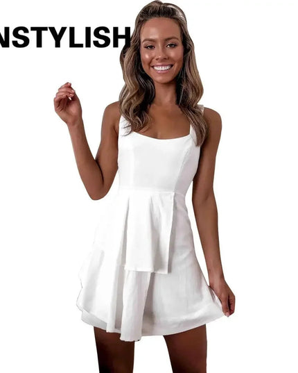 Women Elegant Solid Backless Lace Up Patchwork Mini Dress Sexy Sleeveless Tank Dress Casual White Black Beach Party A Line Dress