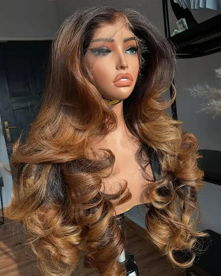 200 Density Highlight Caramel Brown Colored Body Loose Wave Ombre Brazilian Human Hair Wigs 13x4 HD Transparent Lace Front Wigs Caethelstore.com