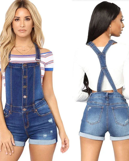 Short Denim Overalls Women Hole  Jumpsuit High Waist Casual Jeans Playsuit Washed Salopette Straps 2019 Summer  Romper