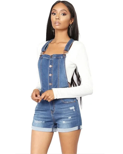 Short Denim Overalls Women Hole  Jumpsuit High Waist Casual Jeans Playsuit Washed Salopette Straps 2019 Summer  Romper