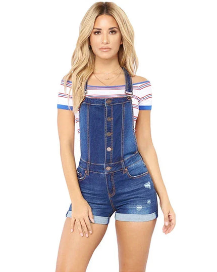 Short Denim Overalls Women Hole  Jumpsuit High Waist Casual Jeans Playsuit Washed Salopette Straps 2019 Summer  Romper