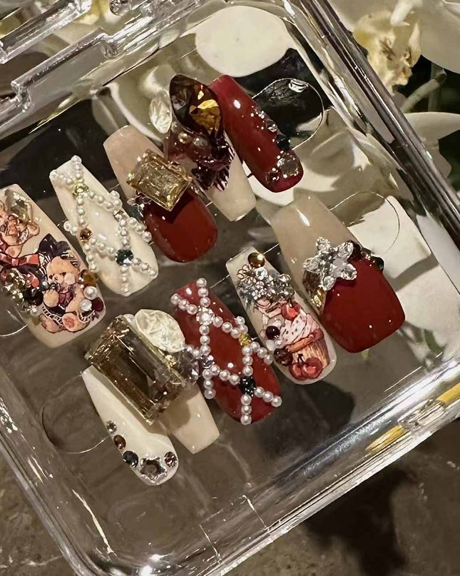 Handmade Christmas Red Velvet Teddy Bear Diamond Cute Vintage Wearable Nail Art Pieces | ZAKAPOP
