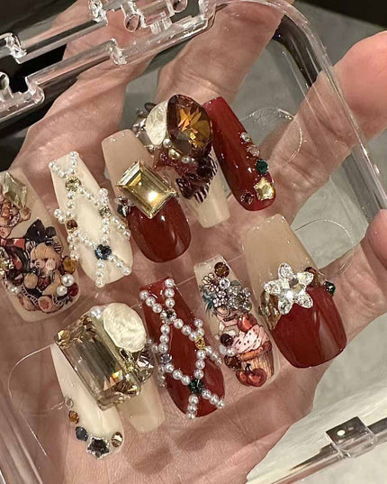 Handmade Christmas Red Velvet Teddy Bear Diamond Cute Vintage Wearable Nail Art Pieces | ZAKAPOP