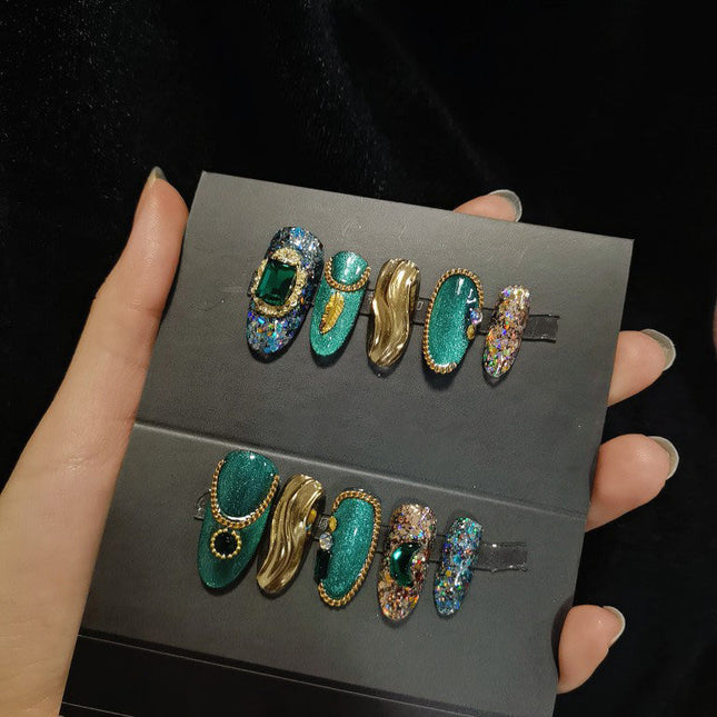 Handmade Emerald Green Cat Eye Luxury Jasmine Princess Press-on Nail Art | ZAKAPOP