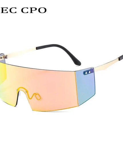 OEC CPO Fashion Rimless Sunglasses Women Men Big Flat Top Glasses Oversized Sunglasses Female Mirror Goggle UV400 O596