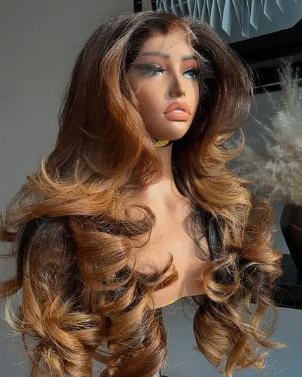 200 Density Highlight Caramel Brown Colored Body Loose Wave Ombre Brazilian Human Hair Wigs 13x4 HD Transparent Lace Front Wigs Caethelstore.com