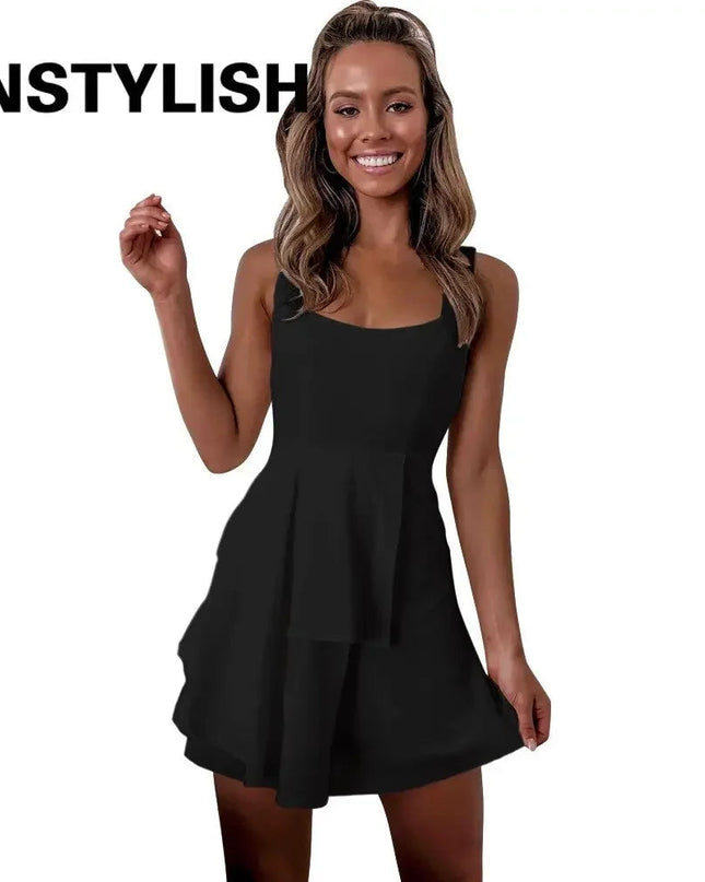 Women Elegant Solid Backless Lace Up Patchwork Mini Dress Sexy Sleeveless Tank Dress Casual White Black Beach Party A Line Dress