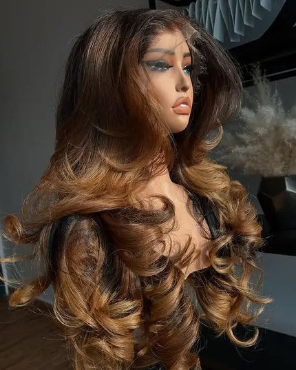 200 Density Highlight Caramel Brown Colored Body Loose Wave Ombre Brazilian Human Hair Wigs 13x4 HD Transparent Lace Front Wigs Caethelstore.com