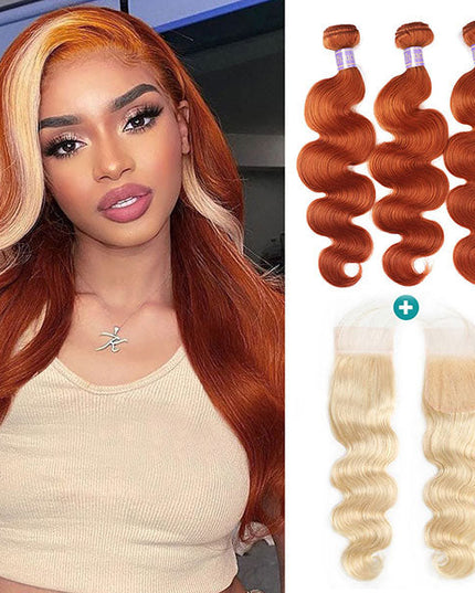 Ginger Blonde Body Wave Hair Bundles with 4x4 Closure Ombre Human Hair Weave junoda