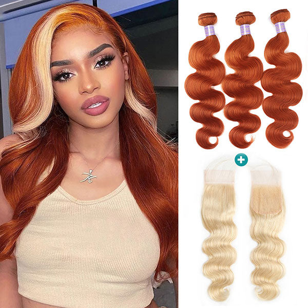Ginger Blonde Body Wave Hair Bundles with 4x4 Closure Ombre Human Hair Weave junoda