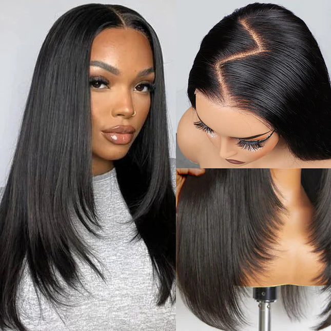 Layered Cut Pre-plucked  Knots Glueless Lace Wig 100% Silk Straight Human Hair Wigs junoda