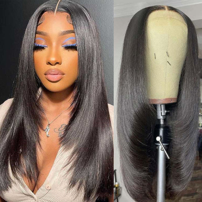 Layered Cut Pre-plucked  Knots Glueless Lace Wig 100% Silk Straight Human Hair Wigs junoda