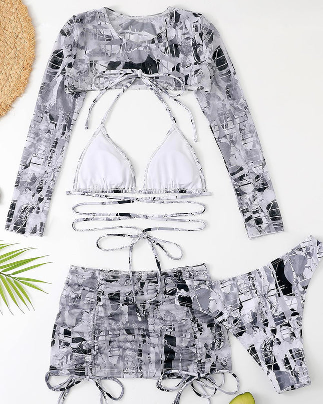 High-Waisted Drawstring Printed Three-Piece Long-Sleeve Swimsuit | ZAKAPOP