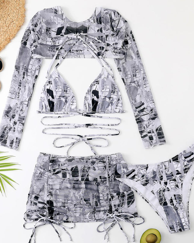 High-Waisted Drawstring Printed Three-Piece Long-Sleeve Swimsuit | ZAKAPOP