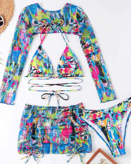 High-Waisted Drawstring Printed Three-Piece Long-Sleeve Swimsuit | ZAKAPOP