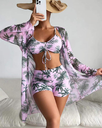 Women's Coconut Tree Print Three-Piece Set Swimsuit with Long-Sleeve Ins Hoodie | ZAKAPOP