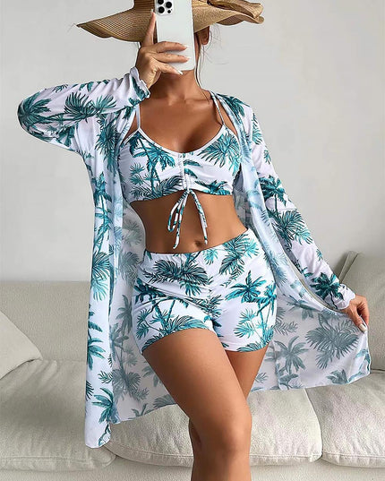 Women's Coconut Tree Print Three-Piece Set Swimsuit with Long-Sleeve Ins Hoodie | ZAKAPOP
