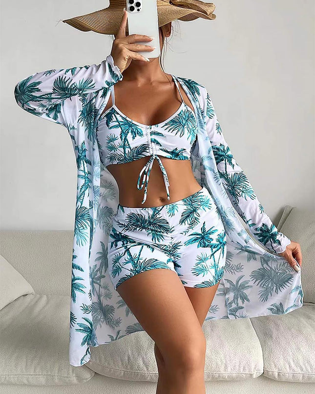 Women's Coconut Tree Print Three-Piece Set Swimsuit with Long-Sleeve Ins Hoodie | ZAKAPOP