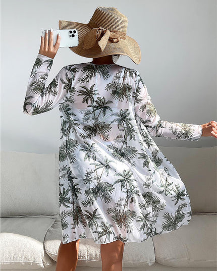 Women's Coconut Tree Print Three-Piece Set Swimsuit with Long-Sleeve Ins Hoodie | ZAKAPOP