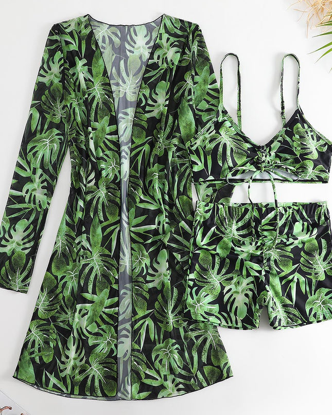 Women's Coconut Tree Print Three-Piece Set Swimsuit with Long-Sleeve Ins Hoodie | ZAKAPOP