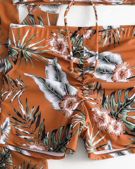 Women's Coconut Tree Print Three-Piece Set Swimsuit with Long-Sleeve Ins Hoodie | ZAKAPOP