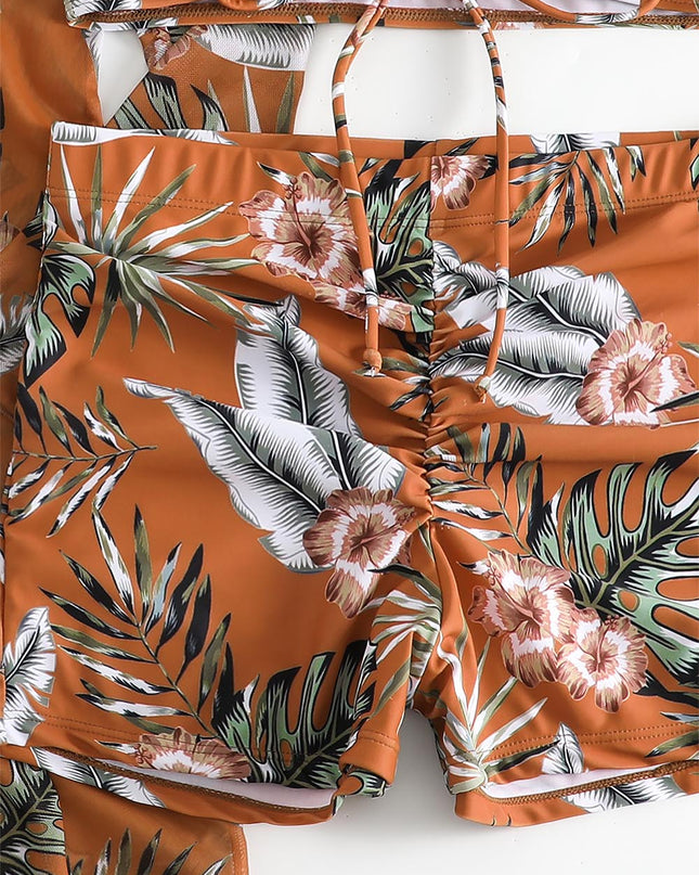 Women's Coconut Tree Print Three-Piece Set Swimsuit with Long-Sleeve Ins Hoodie | ZAKAPOP