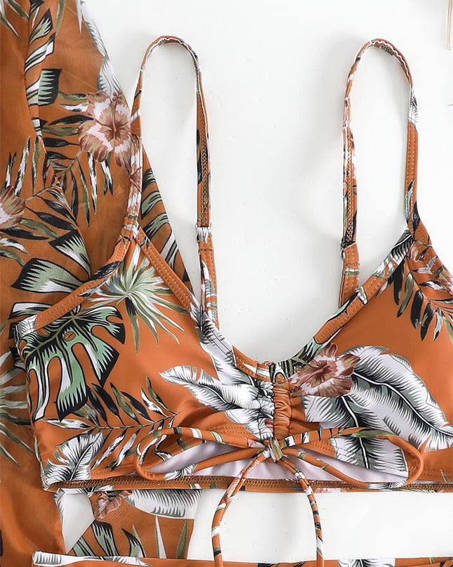 Women's Coconut Tree Print Three-Piece Set Swimsuit with Long-Sleeve Ins Hoodie | ZAKAPOP