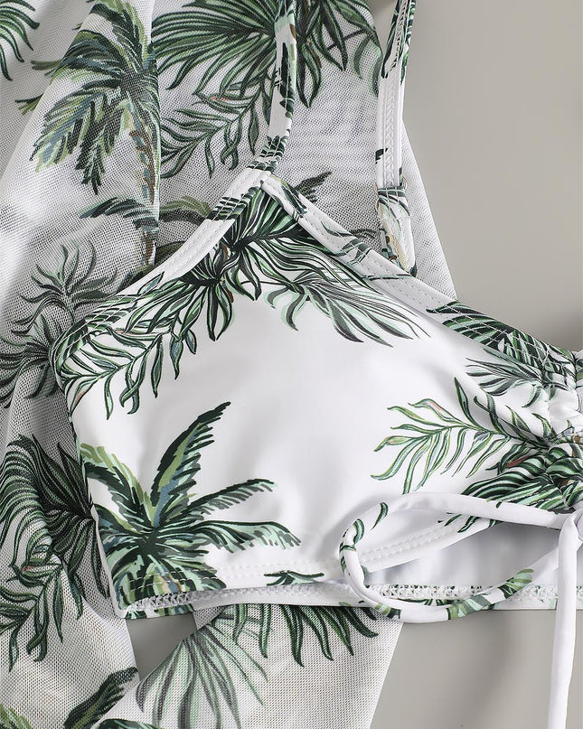 Women's Coconut Tree Print Three-Piece Set Swimsuit with Long-Sleeve Ins Hoodie | ZAKAPOP
