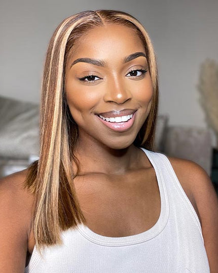 Junoda Highlight Honey Blonde on Brown Hair P4/27 2x6 Lace Straight Bob Wig Fast Shipping junoda
