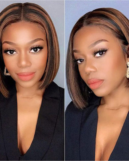 Junoda Highlight Honey Blonde on Brown Hair P4/27 2x6 Lace Straight Bob Wig Fast Shipping junoda